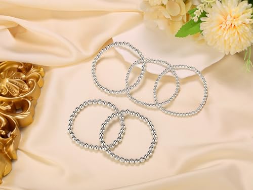 XIANNVXI 5PC Platinum Plated Silver Beaded Bracelet for Women Stretch Elastic Stackable Bead Ball Bracelet Trendy Set Women Dainty Jewelry - color: Silver A