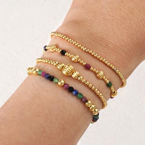 Dainty 14K Gold Lantern Beaded Bracelets Stack for Women,4PCS Colorful Glass Beads Stretch Stackable Bracelets Set Fashion Prom Jewelry Gift Friendship - color: Colorful
