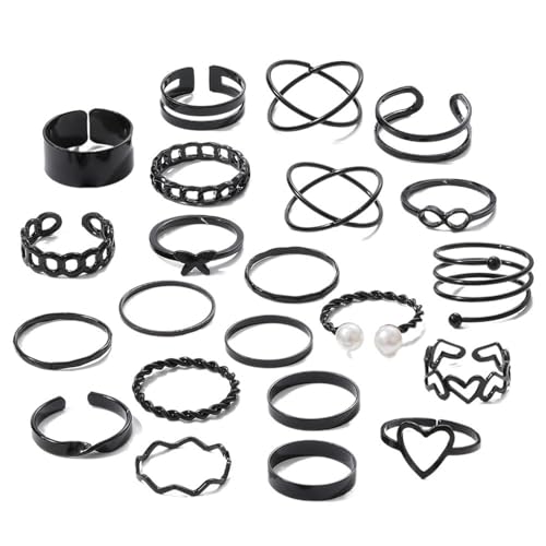 Lnnmomn 22 Pcs Gold/Silver Rings Set for Women, Sparkling Dainty Simple Trendy Ring Pack, Butterfly Diamond Opening Multi Joint Ring Set Love Pearl Ring Jewelry Gifts for Womens, Gifts for Her - color: Black