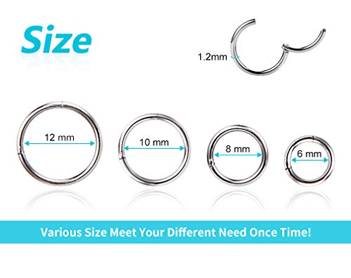 4Pcs 16G 18G 20G Surgical-Steel-Piercing-Ring-Nose-Rings-Hinged-Hoop-Earrings,6mm 8mm 10mm 12mm Seamless Stainless Steel Clicker Eyebrow Septum Piercing Hoop,Sliver Black Gold Rose Gold Rainbow Body Jewelry Set - color: 16G Silver