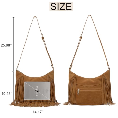 Sunwel Fashion Women Fringe Hobo Bag Western Purse Shoulder Bag Vegan Suede Tassel Hippie Crossbody Bag - color: Brown