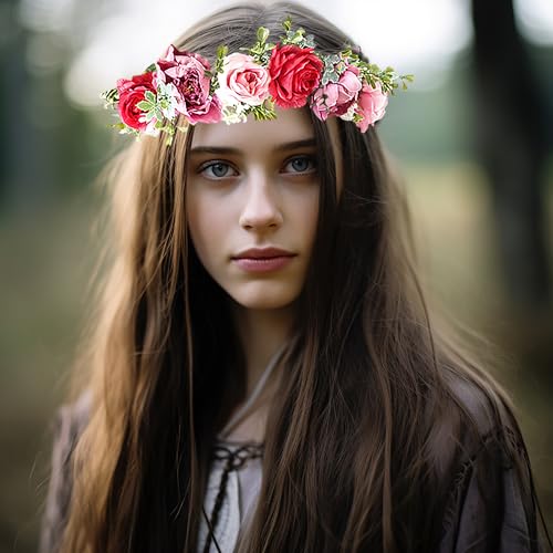 Vivivalue Fairy Flower Crown Floral Headband Even Headpiece Woodland Forest Elf Circlet for Women Wedding Bridal Halloween Cosplay Photo Shoot Accessory Red - color: 4