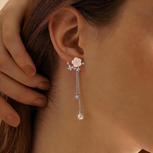 Pearl Earrings for Women Dainty Diamond Pearl Drop Earrings 14k Gold Plated Dangle Earrings for Women Weddings Gifts Bridesmaid Gifts - color: E-silver pearl earrings