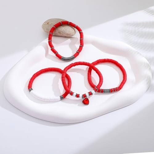 GOOJIDS Surfer Heishi Clay Bead Bracelets for Women Bohemian Stackable Gold Plated Beaded Stretch Bracelets Elastic Layering Friendship Bracelets Set Boho Jewelry - color: A-Red Heart Bracelet