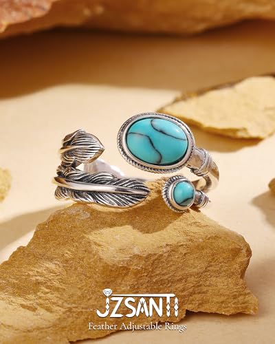 Turquoise Jewelry for Women - Sterling Silver Turquoise Rings Vintage Adjustable Sunflower Dragonfly Butterfly Spoon Ring Victorian Style Boho Antique Flower Thumb Statement Rings Jewelry Gifts for Women - color: Turquoise & Feather C