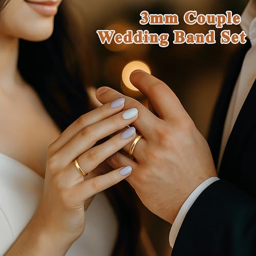 Gold Band Rings for Women Men Non Tarnish, Wedding 14K Gold Plated Stackable Ring Set for Couples, Dainty Thin Plain Simple Promise Dome Band Thumb Pinky 1mm 3mm 5mm Jewelry Gift Comfort Fit Size 3-13 - color: Gold-1mm 3mm 5mm, size: 5.5