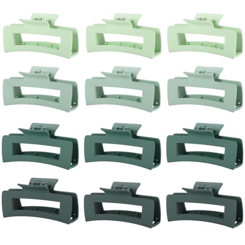 12 Pcs Green Large Square Hair Claw Clips for Women, 4.3-Inch Matte Rectangle Claw, Strong Hold Non-slip Hair Clips for Thick & Thin Hair - color: Green