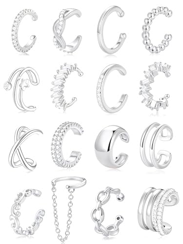 AKEOQI 16 Pcs Ear Cuff Earrings Non Piercing Cubic Zirconia Ear Cuffs for Women Silver Gold Plated Clip on Cartilage Helix Wrap Fake Earrings Jewelry - color: Silver