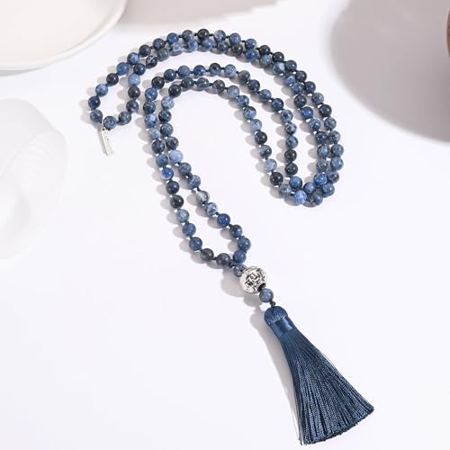 Long Bohemian Hand Knotted Stone Beaded Tassel Necklace for Women Statement Jewelry Gift - color: Blue