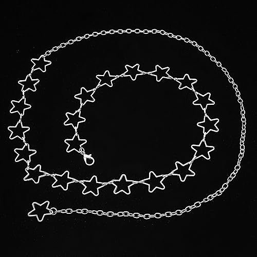 Long Tassel Waist Chain Belt for Women, Adjustable Metal Body Belly Belt Chain for Dress - color: Silver Star, size: S: (Fit Waist 35.4in)