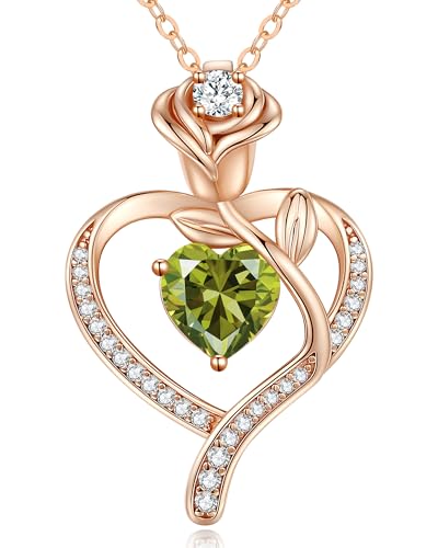 LOUISA SECRET Rose Flower Heart Birthstone Necklaces for Women, 925 Sterling Silver Jewelry, Pendant Heart Necklaces Birthday Anniversary Christmas Gift for Women Wife Mom Girlfriend Lady - color: Rose Gold-08-Aug