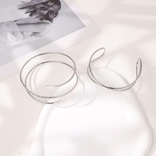 2Pcs Arm Cuff Gold Upper Arm Cuff for Women Adjustable Upper Arm Bracelets Open Irregular Arm Bangle Minimalist Coil Swirl Armlets Armband Jewelry - style: styleB silver