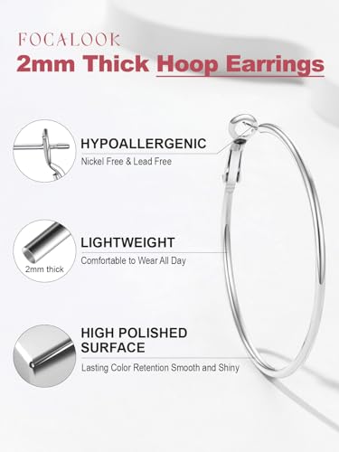 FOCALOOK 14K Gold Plated Lightweight Large Hoops| 2mm Thin Hoop Earrings for Women 30/40/50/70/100mm - color: 01.Silver, size: 50mm