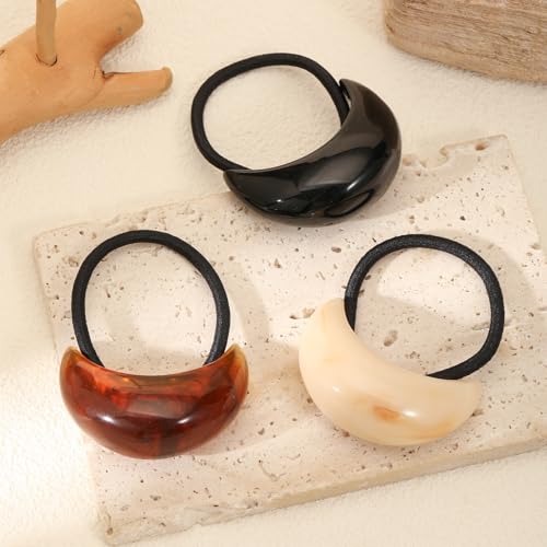 3PCS Hair Ties, Acrylic Hair Ties for Thick Hair, Elegant Durable Geometric Design Hair Cuffs, Hair Accessories Stretchy and Non-Damage Ponytail Holders 3 Style Holiday Gifts Marble Color - color: Acrylic Set