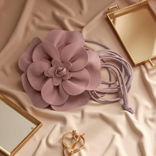 Boho Big Flower PU Leather Waist Belt Chain for Women Rose Floral Camellia Long Tassel Adjustable Waist Band Jewelry - color: Pink