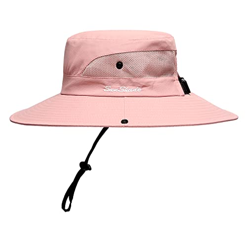 Womens Summer Sun Hat Beach Hat Wide Brim Outdoor UV Protection Hat Foldable Cool Mesh Ponytail Bucket Hat - color: Pure Pink