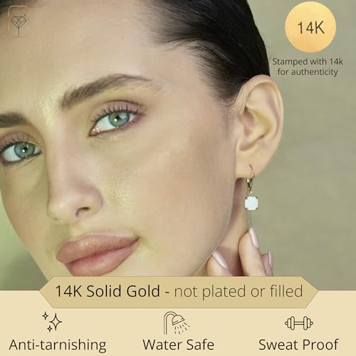 14k White or Yellow Gold Cushion Cut Gemstone Dangle Earrings for Women with 8mm Birthstones by MAX + STONE - color: Created-Opal