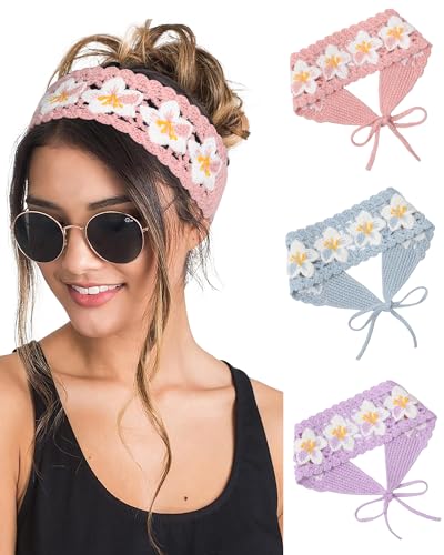 HAIMEIKANG Hippie Hair Bandanas Headbands for Women Boho Headband Knit Hair Bands Floral Head Wrap for Girls(Purple + Blue + Pink) - color: Purple + Blue + Pink