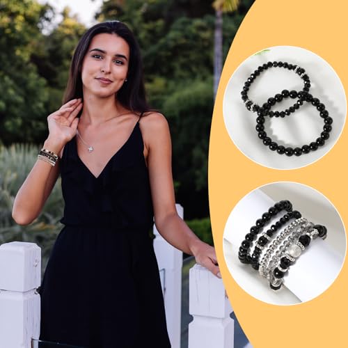 5PCS Beaded Stretch Bracelet Stackable Stylish Beaded Bracelets for Women Crystal Bead Boho Stretch Layering Stone Bracelets Trendy Costume Jewelry Gift Multilayered Disco Ball Faceted Bracelet - color: Black, Silver