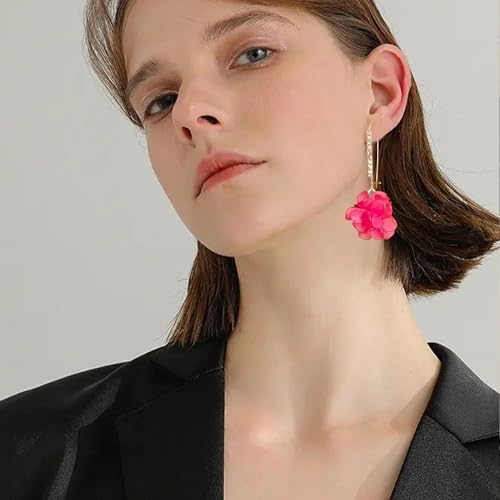 Boho Flower Dangle Earrings for Women Long Drop Resin Acrylic Tiered Petal Statement Earrings Handmade Lightweight Vintage Floral Chunky Drop Jewelry - color: Hot Pink