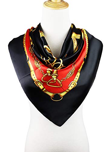 vabovin Satin Head Scarf for Women Silk Like Hair Scarf, 35 x 35 in | Silk Feel Fabric, Hair Wrap for Sleeping, Headscarf and Neck Scarf, Square Bandana Style, Fashion Accessory - color: 005 Red Black Chain Print