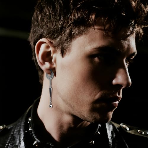 Sonateomber Gothic Silver Black Small Hoop Earrings for Women Men, Punk Hip Hop Engrave Beaded Goth Dangle Drop Earings Halloween Costumes Accessories Prom Fashion Jewelry Gift - color: Silver Spike