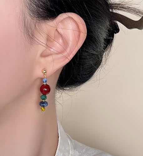 Boho Earrings for Women Natural Stone Beaded Handmade Vintage Dangle Earrings Bohemian Lightweight Hypoallergenic Jewelry for Dailywear Festival Occasions - color: Colorful beaded
