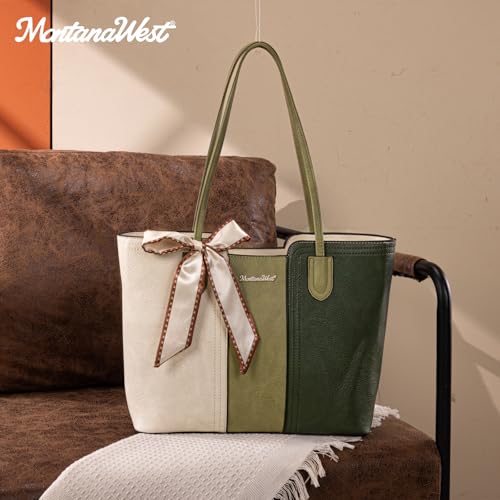 Montana West Tote Bags for Women Top Handle Satchel Purses - color: Beige With Green