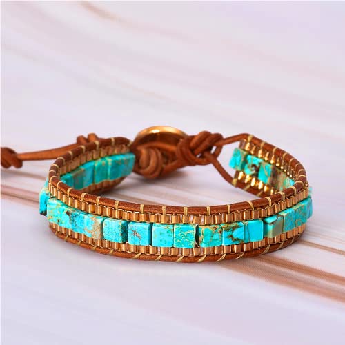 Mens Genuine Leather Bracelet - Handmade Adjustable Leather Cuff Bracelet punk Style leather wrap Wristband for Men - color: W-Turquoise Bead