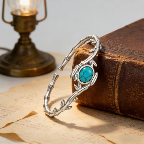 Genuine Turquoise Bracelet Cuff Bracelet for Women Mom 925 Sterling Silver Natural Turquoise Bangles Vintage Bracelet Boho Jewelry for Birthday Christmas Mother's Day Valentine's Day - style: Bamboo
