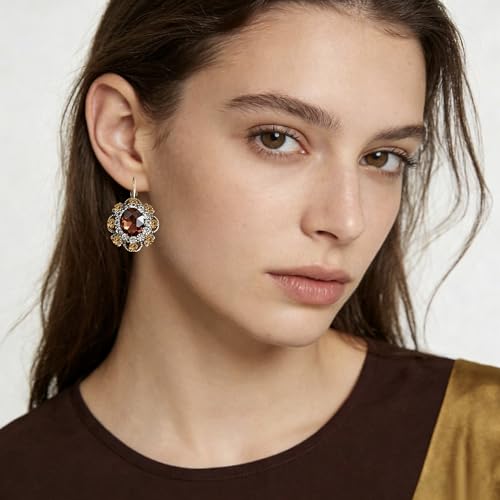 Handmade Bohemian Vintage Gold Sparkly Crystal Round Flower Leverback Earrings Cute Rhinestone Geometry Dangle Drop Earring for Women - color: Dark Brown