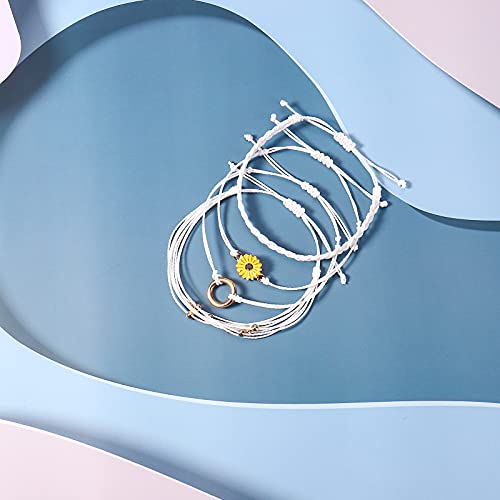 FANCY SHINY Easter Gifts Basket Stuffers Sunflower String Bracelet Boho Braided Rope Wrap Bracelets Cute Summer Beach Surfer Jewelry for Women - color: White