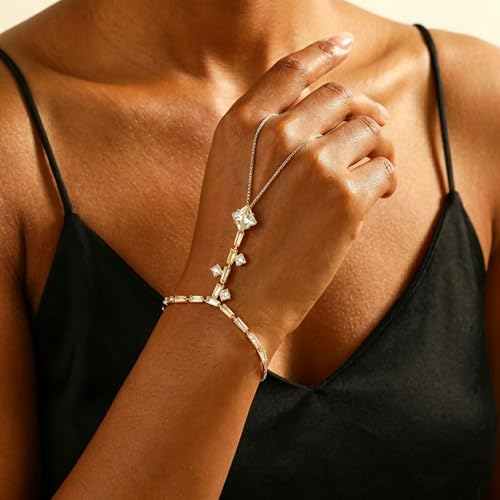 Adjustable Hand Chain Bracelet Women, 16K Gold Plated Finger Bracelet, Secure Ball Clasp Elegant Slave Hand Jewelry, Y2K Aesthetic Accessories for Summer Festival Prom Beach Vacation Daily Wear - color: style10-16K gold-plated