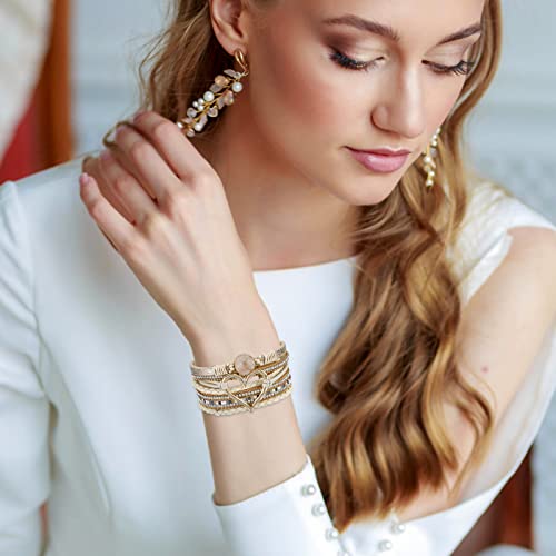 Fesciory Leopard Bracelet for Women, Boho Leather Wrap Multi-Layer Pearl Crystal Bracelet Bangle Jewelry - style: Heart Leather(Khaki)
