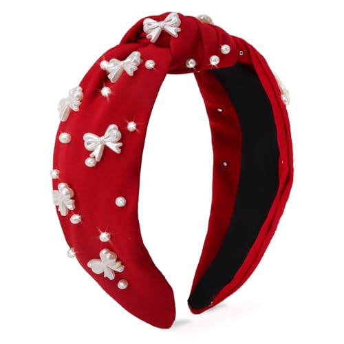 Red Headband Bow Pearl Knotted Headbands for Women Girls Cute Fashion Wide Headbands for Women Non Slip Hairbands Head Bands for Women's Hair Bow Hair Accessories - color: Red
