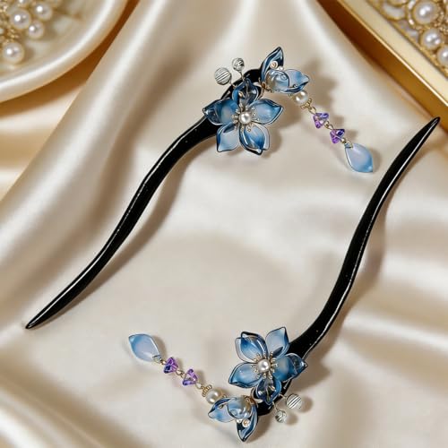 2 PCS Plum Blossom Tassel Hair Stick Blue Flower Hairpin Fashion Double Floral Hair Chopsticks Wooden Elegant Vintage Hair Pins Hair Bun Updo Holders Chinese Hanfu Hair Accessories for Women Girls
