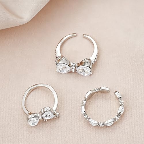 Bow Ring Set for Women Silver Stacking Adjustable Pink Heart Bow Rings Stacking Boho Statement Wedding Engagement Ring Anniversary Birthday Gifts - color: B
