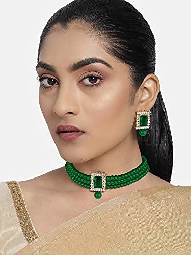 Aheli Ethnic Choker Necklace Earrings Wedding Bollywood Party Jewelry Set Gift for Women - color: Green 2