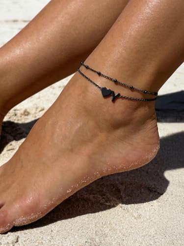 Silvora Ankle Bracelets for Women Waterproof 14K Gold/Silver/Black Initial Anklet for Women Dainty Layered Heart Ankle Bracelets Stainless Steel Adjustable Foot Chain Anklet Summer Beach Jewelry - color: Black-Stainless Steel, size: 25.Y