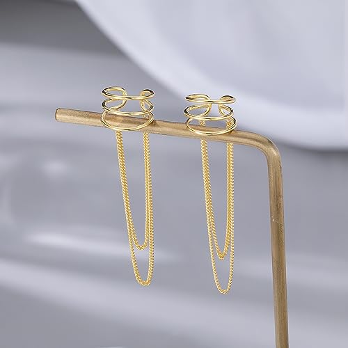 SLUYNZ 925 Sterling Silver No Piercing Cuff Earrings Chain for Women Wrap Earrings Tassel Clip On Ear - color: Gold Plated
