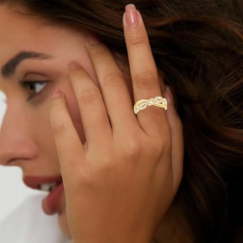 Gold Rings for Women Non Tarnish, 18K Gold Plated Trendy Stackable Gold Rings, Adjustable Open Statement Rings with Cubic Zirconia - color: Twisted Rings