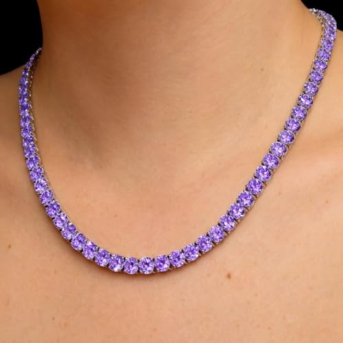 Savlano 18K Gold Plated Cubic Zirconia Round 4.5MM Classic Tennis 18 Inches Chain Necklace For Women & Men Comes With a Gift Box - color: White Gold-Purple CZ