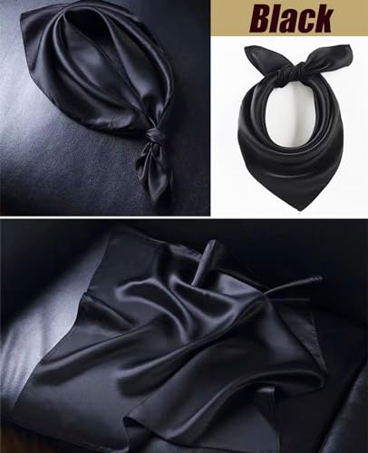 Hioyiwse Satin Square Scarf for Women Solid Color Emulation Silk Handkerchief Hair Ribbon Headband Handbag Purse - color: D3-black(23.6*23.6inch)