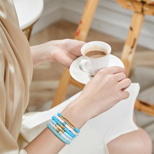 GOOJIDS Surfer Heishi Clay Bead Bracelets for Women Bohemian Stackable Gold Plated Beaded Stretch Bracelets Elastic Layering Friendship Bracelets Set Boho Jewelry - color: B-Blue&White Set