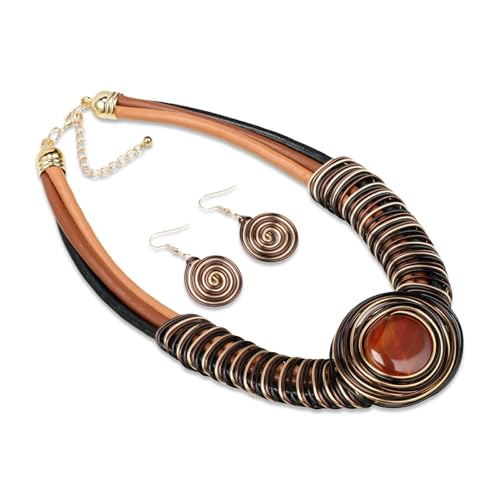 Ethnic Crystal Rhinestone Pendant Necklace Earrings Set Women Handmade Tribal Collar Choker Chunky Metal Bib Rope Chain African Statement Jewelry Set - color: NXR1425-brown
