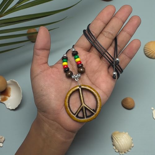 LAVIP Peace Sign Pendant Necklace, Black Cord with Wooden Beads, Boho Style - color: Brown
