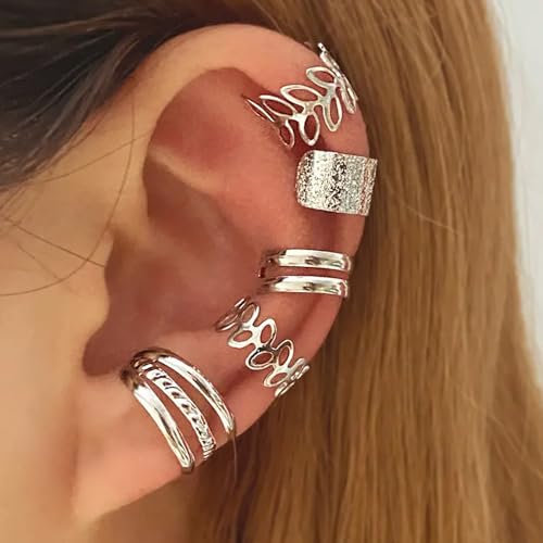 Ear Cuffs Non Piercing 14K Gold Plated Ear Cuff Earrings for Women Trendy Clip on Cartilage Earring Stacks Non Pierced Adjustable Fake Earrings Set Jewelry - color: L3:5pcs silver