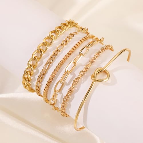 Alegend Titanium Steel (Not Rust, Resist Corruption, Easily Clean) 18K Gold Plated Single Bracelets + 14K Gold Plated Stackable Multilayer Bracelets - style: 14K Gold Plated Six-Layered
