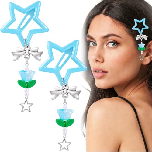 Pndeyo 2pcs Star Tassels Hair Clips for Women, Non-Slip Bow Flower 2000s Y2K Hair Snap Barrettes, Cute Star Beaded Pendant Hair Pin Accessories for Braid Long Short Thin Thick Hair- Blue - color: Blue-2pcs-A Style