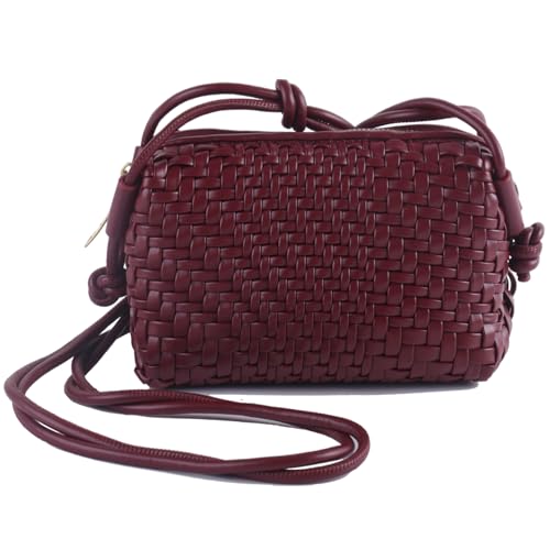 Woven Crossbody Bags for Women Handwoven Purses Vegan Leather Small Handbag Handmade Shoulderbag | Lightweight - color: Burgundy